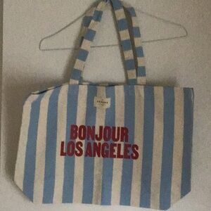 Sezane tote bag, sky blue and ecru stripes